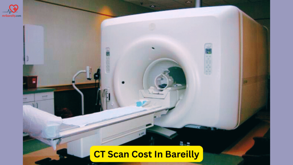 CT scan machine in a diagnostic room with hospital equipment – representing CT Scan Cost in Bareilly for accurate and affordable imaging services.